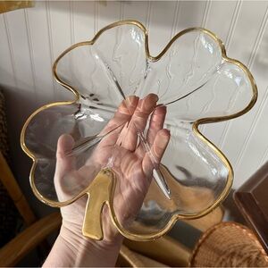 Clear Glass Clover Dish with Gold Trim